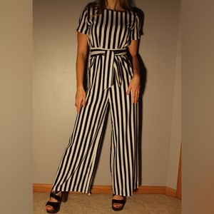 Woman's Short Sleeve Blue White Striped Jumpsuit